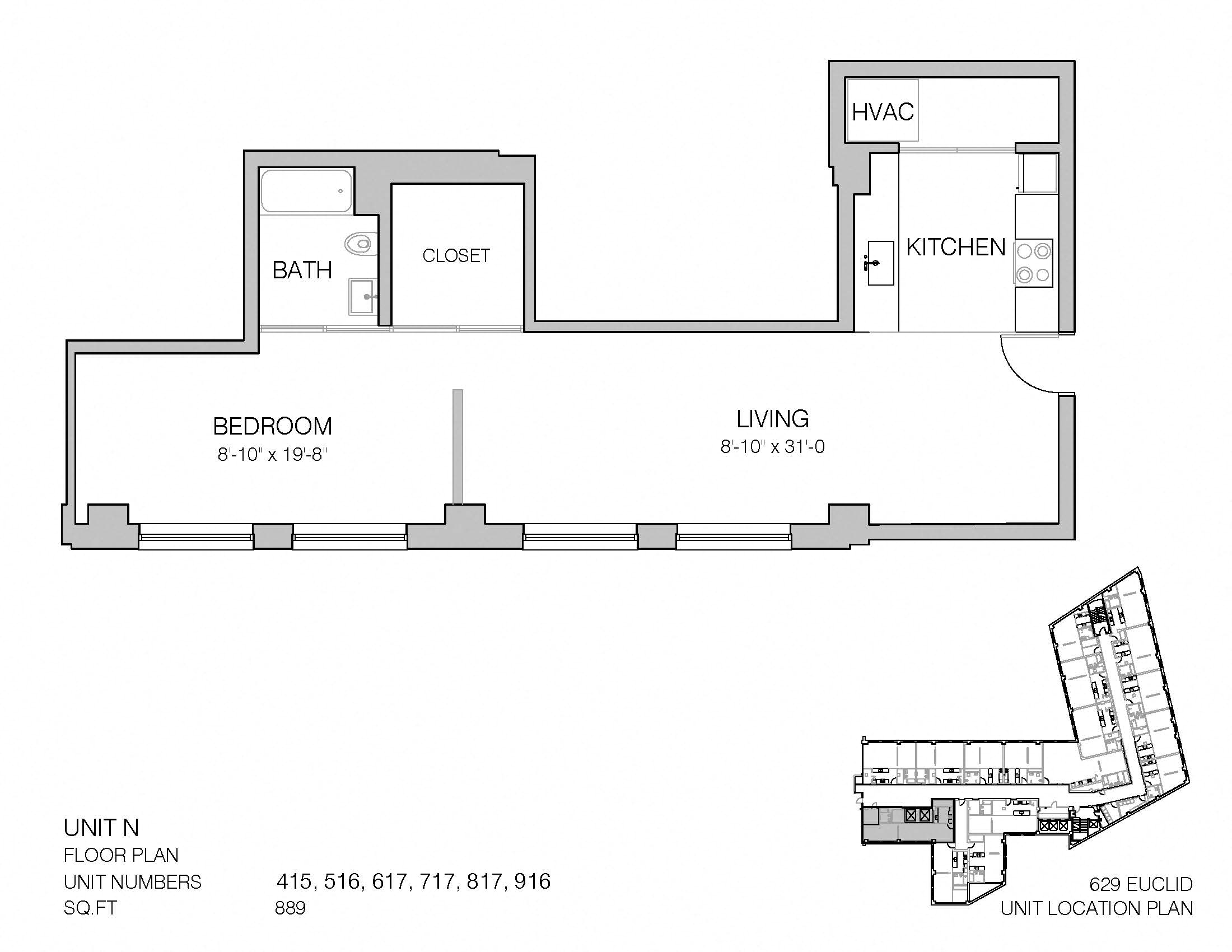 Floor plan for 1 bed, 1 bath, 889 sqft